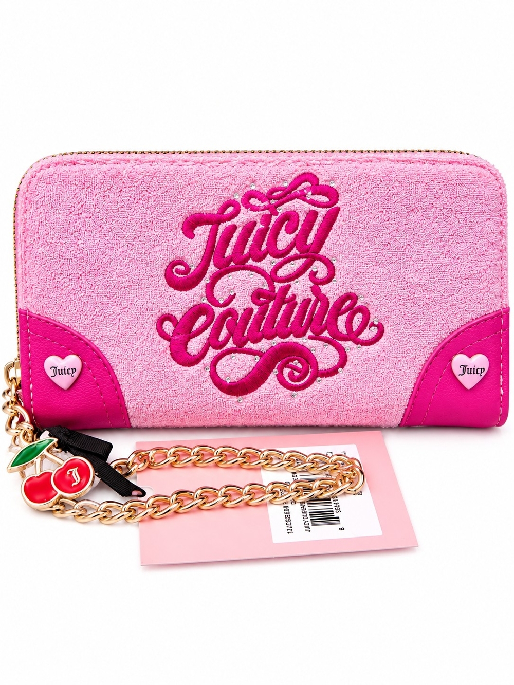 Juicy Couture Pink Terry Embroidered Zip Around Wallet Wristlet Cherry Charm NWT